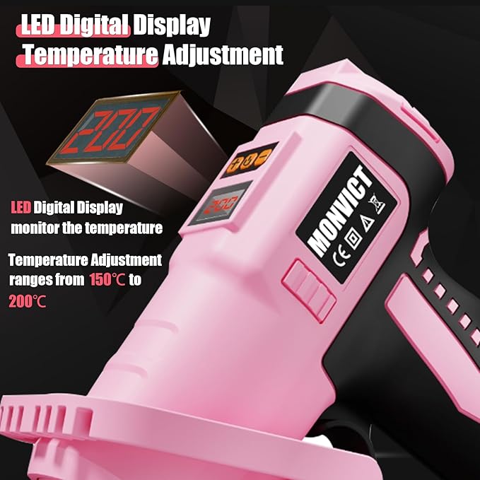 MONVICT 7.4V Cordless Hot Glue Gun with Holder Base, Digital Display Adjustable Temp, Smart Auto-Off, Silicone Pad, 2.6A Rechargeable Battery, Full Size Handheld Electric Power with 10 Glue Sticks