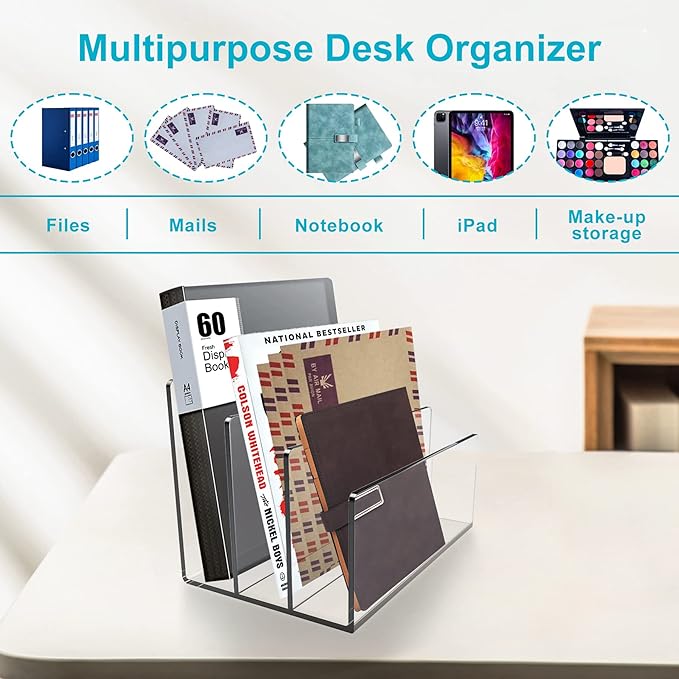 Boloyo Acrylic File Holder,2PC 3 Sections Clear File Organizer Mail Letter Sorter Desktop Folder Holder for Home Office School Envelope Bill Filling Paper Document