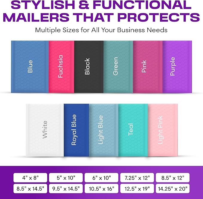 Purple 12.5x19.5 Inch Large Poly Bubble Mailers #6 | Padded Envelopes with Self Seal | Air Lined Cushioned Bubble Mailer | Usable Size 12.5x15 | 100 Pack Bulk | Lightweight shipping Bags