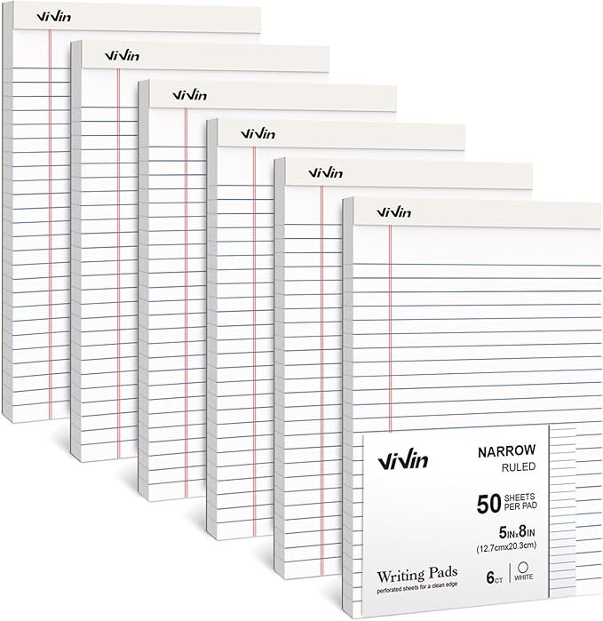 ViVin 5 x 8 Inch Legal Pads, 6 Pack, Narrow Ruled, 50 Sheets Per Writing Pad, Perforated Note Pads Ideal for Home, Office, Business, 300 Sheets, White Paper