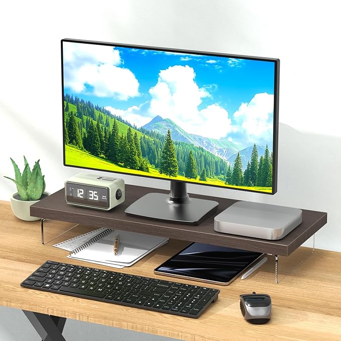 Monitor Stand Riser, Wood & Acrylic Computer Monitor Stand Desk Desktop Organizer Table for Home, Office Workspace, Laptop Riser, Printer, PC & TV Screen Riser