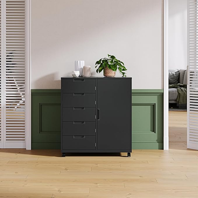 Letaya 5 Drawer Storage Cabinet, Mobile Printer Stand for Home Office,Dresser Chest with Shelves and Door(Black)