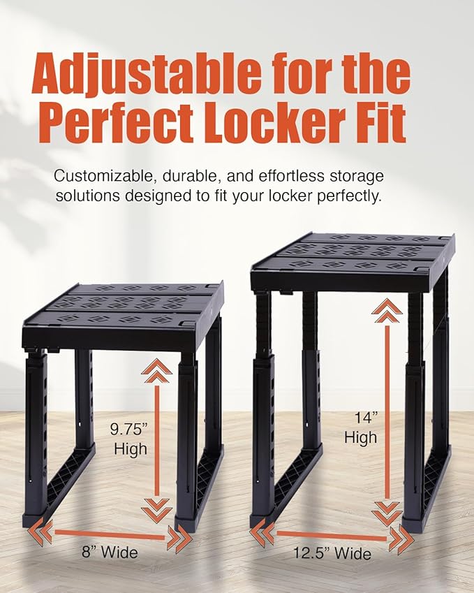 Locker Organizer Shelf， Adjustable Width and Height, Stackable, Ideal Locker Shelf for School, Office, Gym Lockers, or Even Kitchen Cabinets & Under Sink Organization (Black 2 Pack)