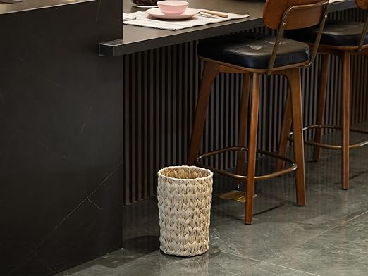 Wicker Trash Can,Bathroom Trash Can,Wicker Waste Basket for Bathroom,Decorative Boho Small Waste Basket for Bedroom,Office,Cream White 2 Gallon