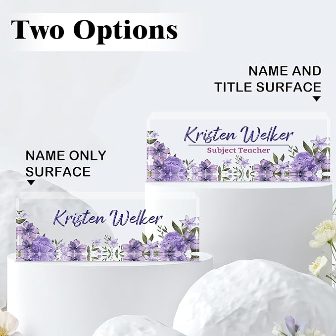 Ship Next Day-Custom Name Plate for Desk, Desk Name Plate Personalized, Acrylic Office Desk Accessories, Appreciation Gifts for Coworkers EmployeeTeachers Boss Women Men (Purple Flowers)