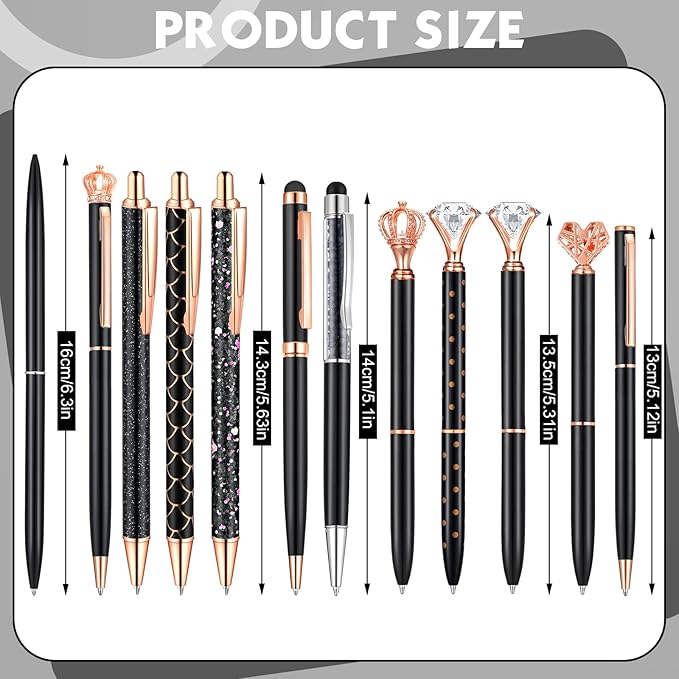 12 Pcs Diamond Pens Metal Liquid Sand Glitter Cute Ballpoint Pen Set Girly Crystal Pen Women Ballpoint Pen Black Ink Ball Point Pen Gift for Women Office Supplies School Wedding Party Desk (Black)