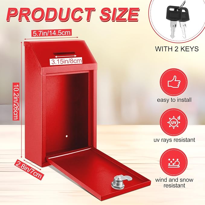 Metal Donation Cash Box Collection Safe Suggestion Box with Lock Wall Mounted Mailbox Delivery Ballot Container for Home Office Outdoor Door(Red)