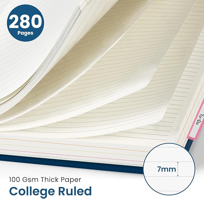 Hardcover Spiral Journal Notebooks for Work With Removable Dividers & Tabs, 8.5"x11" 5 Subject Notebook for Note Taking & Organizer, A4 College Ruled Lined Journal for Women & Writing, Navy Blue, 280 Pages