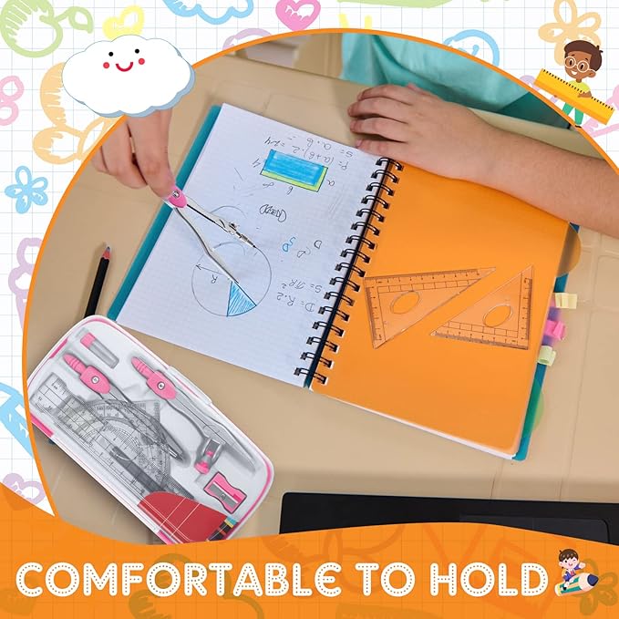 Teling 12 Sets Math Geometry Kit for Students 10 Pcs Compass Geometry Tools Set Includes Rulers Protractor Compass Eraser Pencil Sharpener Lead Refills Pencil (Colorful)