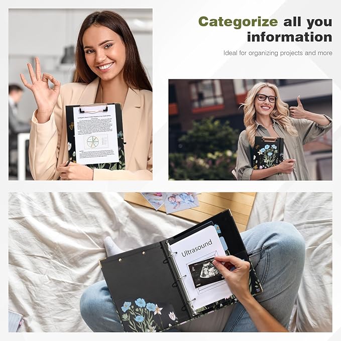 Ospelelf Mini Binder 3 Ring 1 Inch, Floral Round Ring Clipboard Binder with 5 Tab Dividers, File Folder Labels, for School and Office Supplies