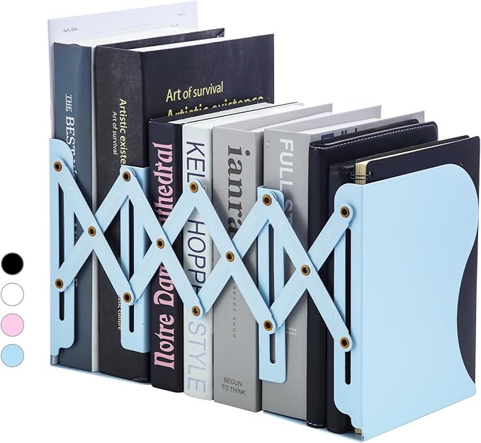 M&G Adjustable Bookends Book Ends for Shelves, Metal Bookend for Heavy Books, Desk Magazine File Organizer Holder Extends up to 20in, Book Stopper for Home, Office, Classroom (Blue)