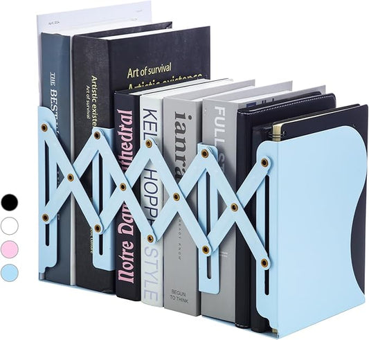 M&G Adjustable Bookends Book Ends for Shelves, Metal Bookend for Heavy Books, Desk Magazine File Organizer Holder Extends up to 20in, Book Stopper for Home, Office, Classroom (Blue)