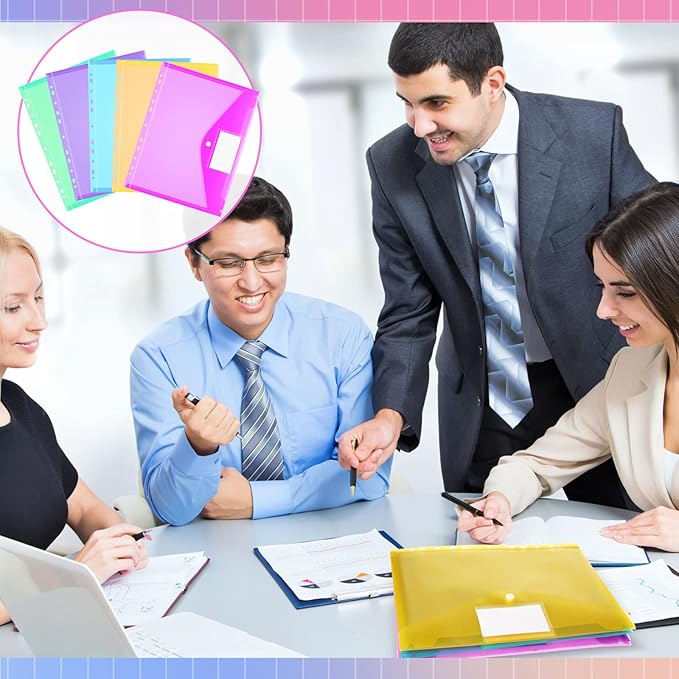 Fuutreo 50 Pcs Binder Pockets for 3 Ring Plastic Envelopes Pocket Folders 11 Hole Snap Button Binder Pouch with Label Expandable Organizer for 2/3/4 Ring