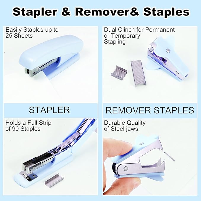 Desk Organizers and Accessories Set with 360-Degree Rotating Pen Holder, Tape Dispenser, Stapler, Staple Remover, 1000 Staples, Tape, Clips Set, Ruler, Scissor, Pen