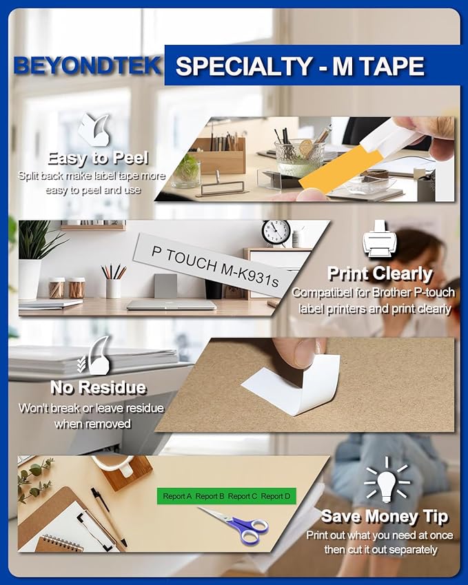 M Tape Work for PT-65 PT-70 PT-70BM PT-M95 Replace with Brother P Touch M Tape 12mm 0.47 Colors for M-K231s/M-431/M-531/M-631/M-731/M-831/M-931s with Label Maker PT-45 PT-80 PT-90 8m 26.2ft