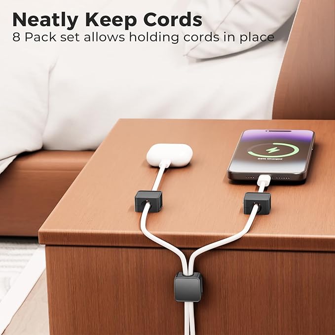 8 Pack Magnetic Cord Organizer Holder, Adjustable Cable Clips, Strong Adhesive Desk Cable Management Clips for Nightstand, Office, Car, Easy Open Design for Tidy Wire Organization