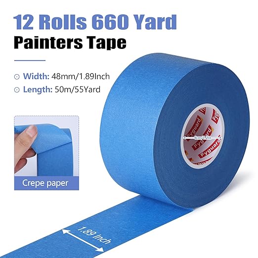 12 Rolls Blue Painters Tape 2 Inch Wide Painters Tape Bulk 1.89In × 660 Total Yd Multi-Purpose Blue Masking Tape for Wall Painting Color Separation Edge Repair Car