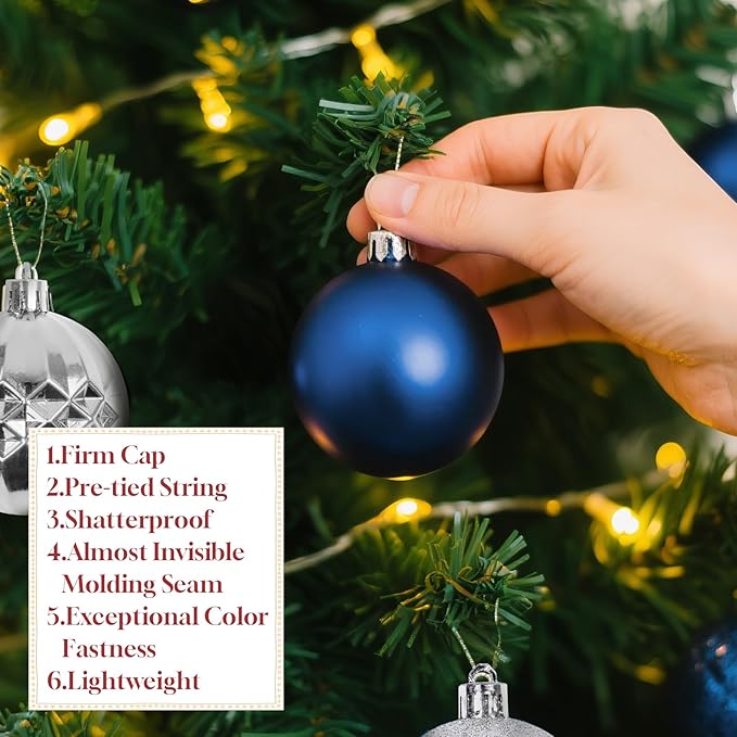 Christmas Tree Decorations Ornament Set, 60ct 2.36 Inches Navy Blue Silver Shatterproof Christmas Ball Ornaments, Hanging Ball for Xmas Holiday Wedding Party Decor