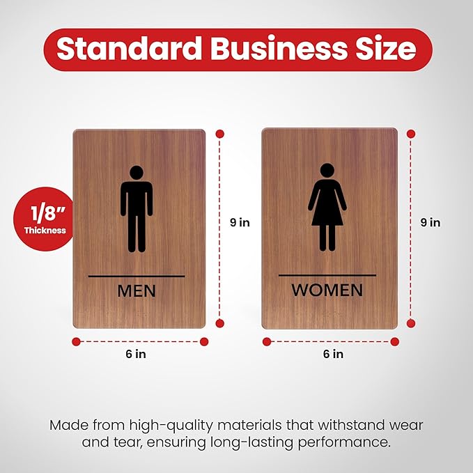 Promot Men and Women Restroom Sign – ADA Braille Bathroom Sign for Business, Self-Adhesive, 9" x 6", Commercial Door Signage, Office Wall Decor - Chestnut