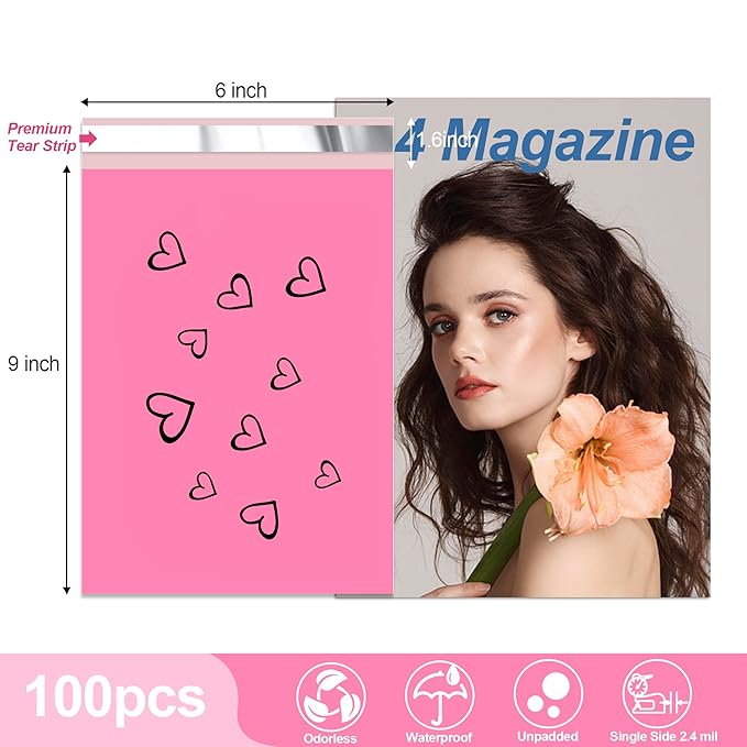 JinRuiKJ Thank You Poly Mailer 6x9 Inch 100 PCS, Shipping Bags for Clothing, Packaging Bags for Small Business, Strong Adhensive, Waterproof and Tear-Resistant Mailing Envelopes, Pink