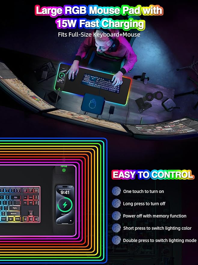 Wireless Charging Mouse Pad, 31.5"x11.81" XL Gaming Mousepad with 11 RGB Colors & 5 Lighting Modes, Home Office Large Desk Pad, Ultra-Smooth Surface, Non-Slip, Waterproof Keyboard Pad Black Desk Mat