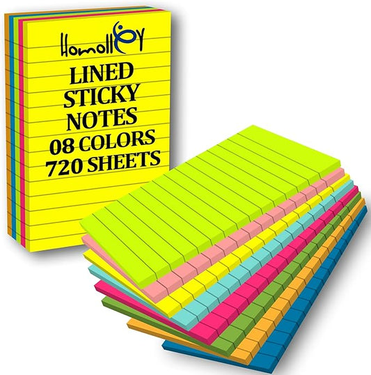 12 Pack Lined Sticky Notes 4x6 Inch – Large Ruled Self-Stick Note Pads (720 Sheets Total, 8 Bright Colors) with Strong Adhesive for Office, School & Home Use