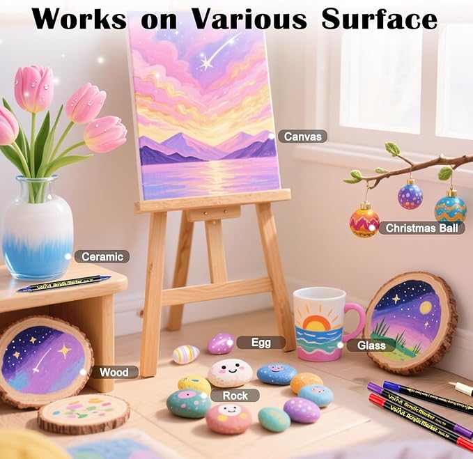 120 Colors Acrylic Paint Markers - Dual Tip Brush & Fine Fabric Paint Pens for Rock, Canvas, Ceramic, Wood, Glass, Textile, Paper - DIY Art Supplies for Artists, Kids, Adults, Holiday Decorations