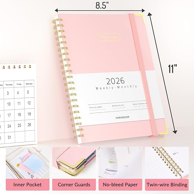 Forvencer 2026 Planner, Hardcover Calendar Planner Weekly and Monthly, January 2026 - December 2026, 8.5" x 11", Spiral Agenda Book with Tabs, Exquisite Daily Journal with Inner Pocket, Organizer Notebook for Office Home School, A4 Size, Teal Marble