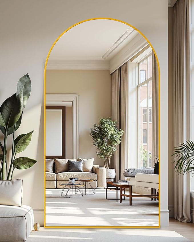 Full Length Mirror, 86"x46" Oversized Floor Mirror Freestanding, Full Body Mirror Floor Standing Mirrors with Stand, Hanging Mounted Mirrors for Bedroom Living Room, Gold, Arched Style
