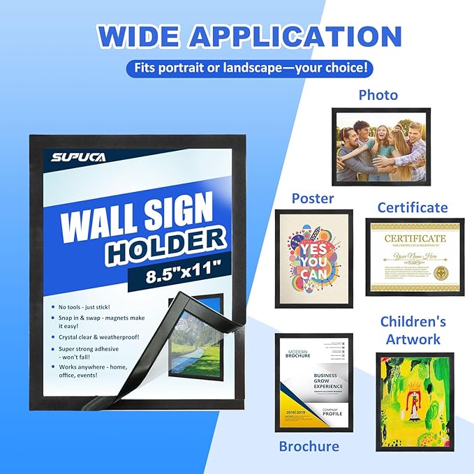 Magnetic Sign Holder & Picture Frame 8.5 x 11 - Self-Adhesive Magnetic Frames with Strong Magnet Border, Clear PVC Document/Poster/Paper Wall Mount Holder for Home Office Store, 24 Pack