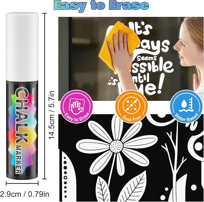 FansArriche White Chalk Markers, 15mm Jumbo Car Window Markers for Glass Washable, 4 Pack Liquid Chalk Marker Erasable for Chalkboard, Blackboard