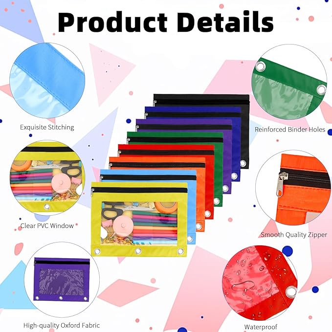 Pencil Pouch for 3 Ring Binder, 8 Pack Pencil Bags with Zipper, Large Capacity Pencil Case for Binder Assorted Color Pencil Case Pouch with Clear Window and Grommets Pencil Pocket for Office Supplies