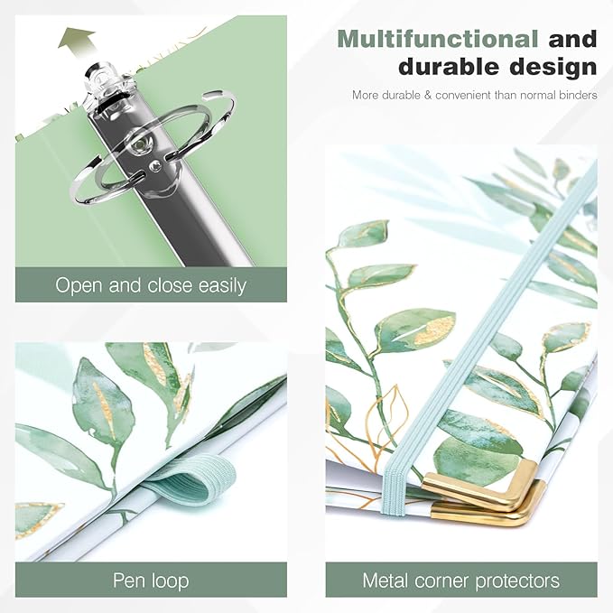 Ospelelf Binder 3 Ring 2 Inch, Green Floral Round Ring Clipboard Binder with 5 Tab Dividers for Letter Size Documents, for School and Office Supplies, Greenleaf