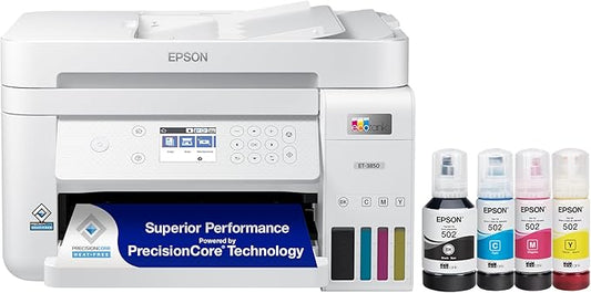 Epson EcoTank ET-3850 Wireless Color All-in-One Cartridge-Free Supertank Printer with Scanner, Copier, ADF and Ethernet – The Perfect Printer Home Office,White