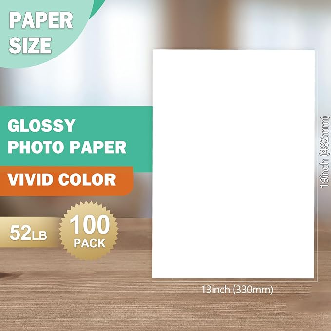 13x19 Glossy Photo Paper for Inkjet Printer, A3+ Big Photo Paper, Super B Size Full Sheet, 100 Pack, 200gsm/52lb,