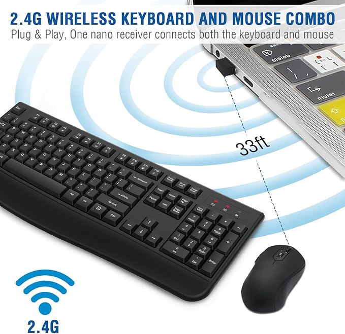 Wireless Keyboard and Mouse Combo, EDJO 2.4G Full-Sized Ergonomic Computer Keyboard with Wrist Rest and 3 Level DPI Adjustable Wireless Mouse for Windows, Mac OS Desktop/Laptop/PC(8 Pack)