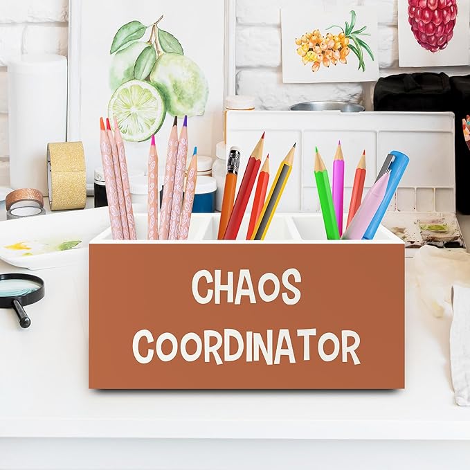 Chaos Coordinator Orange Pen Pencil Holder Organizer for Desk, Thank You Gifts for Women Men Coworkers Boss Leader Manager, Appreciation Gifts Wooden Box Sign for Office Tabletop Decorations