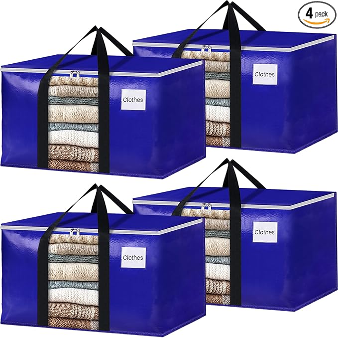 BlissTotes 4 Pack Moving Bags with Clear Window, Storage Bags with Strong Carrying Handles & Zippers,Large Packing Bags for Saving Space, Alternative to Moving Boxes(Blue,33 Gallon)