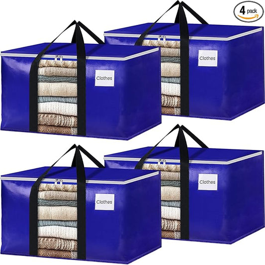 BlissTotes 4 Pack Moving Bags with Clear Window, Storage Bags with Strong Carrying Handles & Zippers,Large Packing Bags for Saving Space, Alternative to Moving Boxes(Blue,33 Gallon)