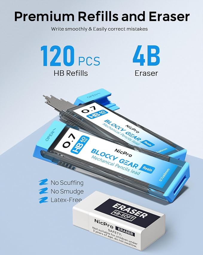 Nicpro Blocky Gear 0.7 mm Mechanical Pencils Set in Case, Metal Pencil with Lead Refills, Eraser for Professional & Adult Art Writing Drafting Drawing