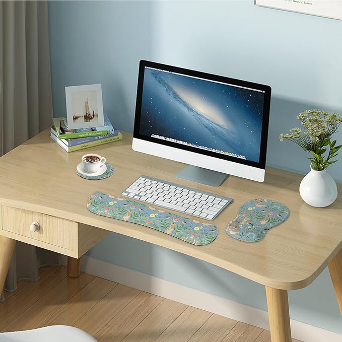 Mouse Pad Wrist Rest Support Keyboard Set Circle Coaster Gaming Mouse Pad Ergonomic Gel Memory Foam Set for Computer, Laptop, Office, Pain Relief, Comfortably Typing Rabbit KM-40