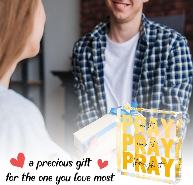 Yellow Dorm Room Decor for Women, Ideal Christian Gifts for Women - Pray On It,Pray Over It - Bible Verse Desk Art, Inspirational Decor, Desk Decorations for Office, 4 x 4 inches（Yellow）