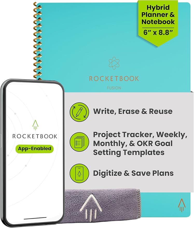 Rocketbook Fusion Hybrid Reusable Planner and Notebook in One, Additional Blank Pages, Goal and Project Tracker, Undated Planner, Executive Size 6x8.8, Teal (Pack of 1)