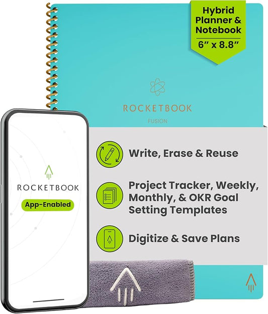 Rocketbook Fusion Hybrid Reusable Planner and Notebook in One, Additional Blank Pages, Goal and Project Tracker, Undated Planner, Executive Size 6x8.8, Teal (Pack of 1)