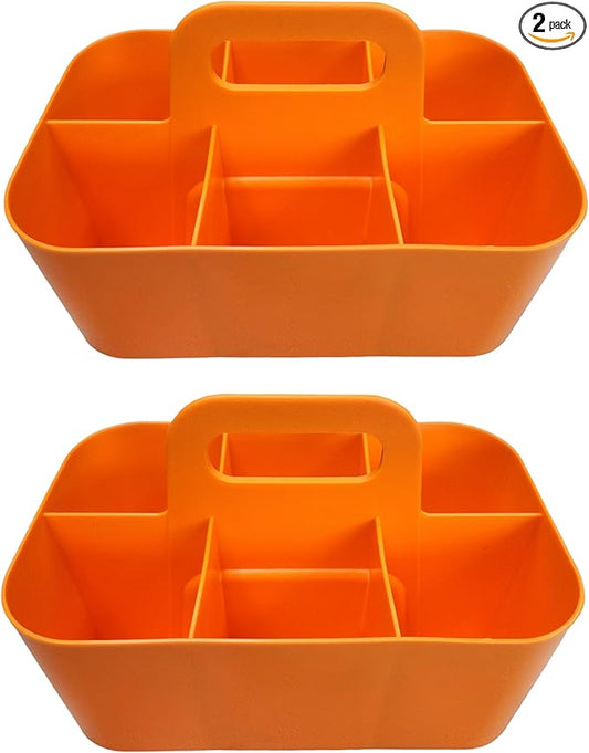 2 Pack Small 6 Compartment Multiuse Caddy Organizer with Handle Art Craft Supplies, Office, Desk, Stationery Pen Holder Stackable- Made In USA (Orange)