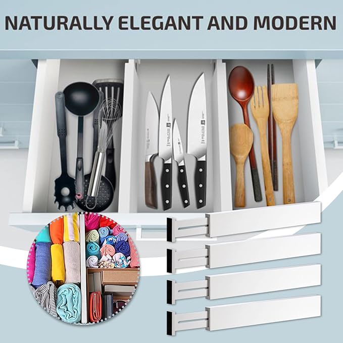 4 Pack Bamboo Drawer Dividers, Adjustable Length from 12 Inch to 17 Inch, Expandable Kitchen Drawer Organizer, Drawer Organization Separators for Clothes, Kitchen, Bedroom, Dresser, Office (White)