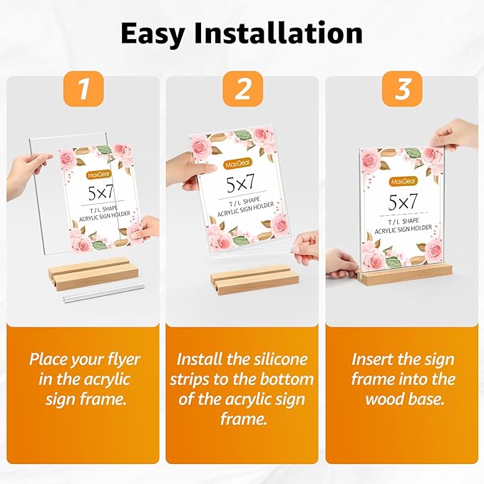 MaxGear L/T Shape Acrylic Sign Holder, 5 X 7 Clear Table Display Stand with Wooden Base, Flyer Menu Holder Photo Frames Paper Stand for Office, Wedding, Restaurants, Hotels 6 Pack