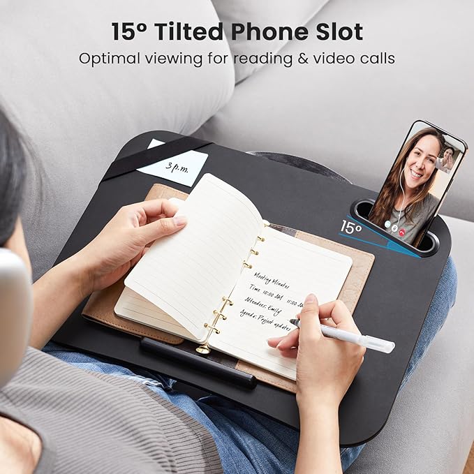 HUANUO Laptop Lap Desk, Fits up to 15.6-Inch Laptops and Tablets, Portable Lap Desk with Cushion, Phone Holder and Storage Bag, Black Lapdesk for Home Office or Dormitory