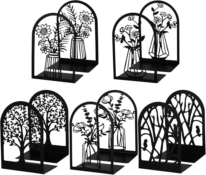 Faccito 5 Pairs Book Ends, Black Metal Bookends for Shelves Decorative, Non Skid Tree Stopper and Flower Shelf Holder for Heavy Books, Home Office School Supplies (Classic)