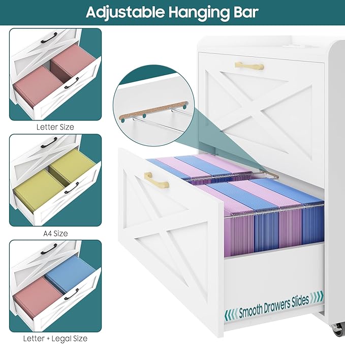 Lateral File Cabinet 2 Drawers Mobile File Cabinet with Charging Station for Letter/Legal/A4 Size Hanging Files, Large Wood File Storage Cabinets Printer Stand for Home Office, Simple White